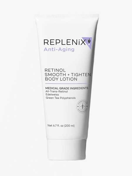 Replenix Retinol Smooth + Tighten Body Lotion in branded tube component on a light gray background