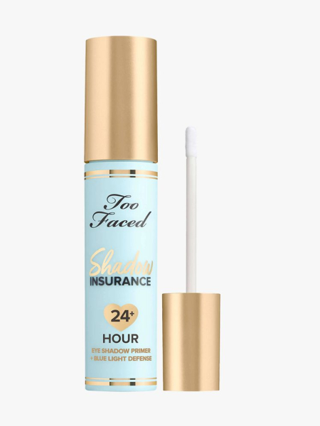 Too Faced Shadow Insurance 24-Hour Eyeshadow Primer mint and gold vial of eye shadow primer on light gray background